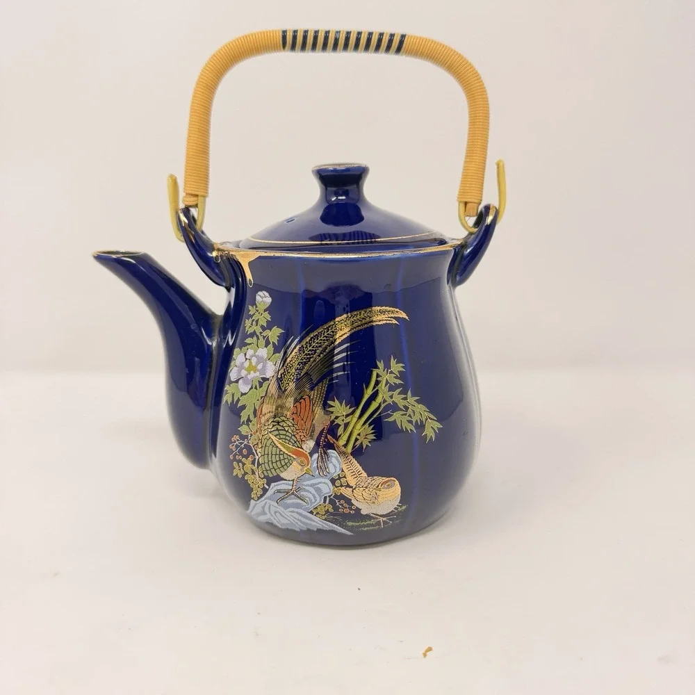 Vintage Japanese Cobalt Blue Gold Teapot Pheasant Bamboo Rattan Handle 7.5